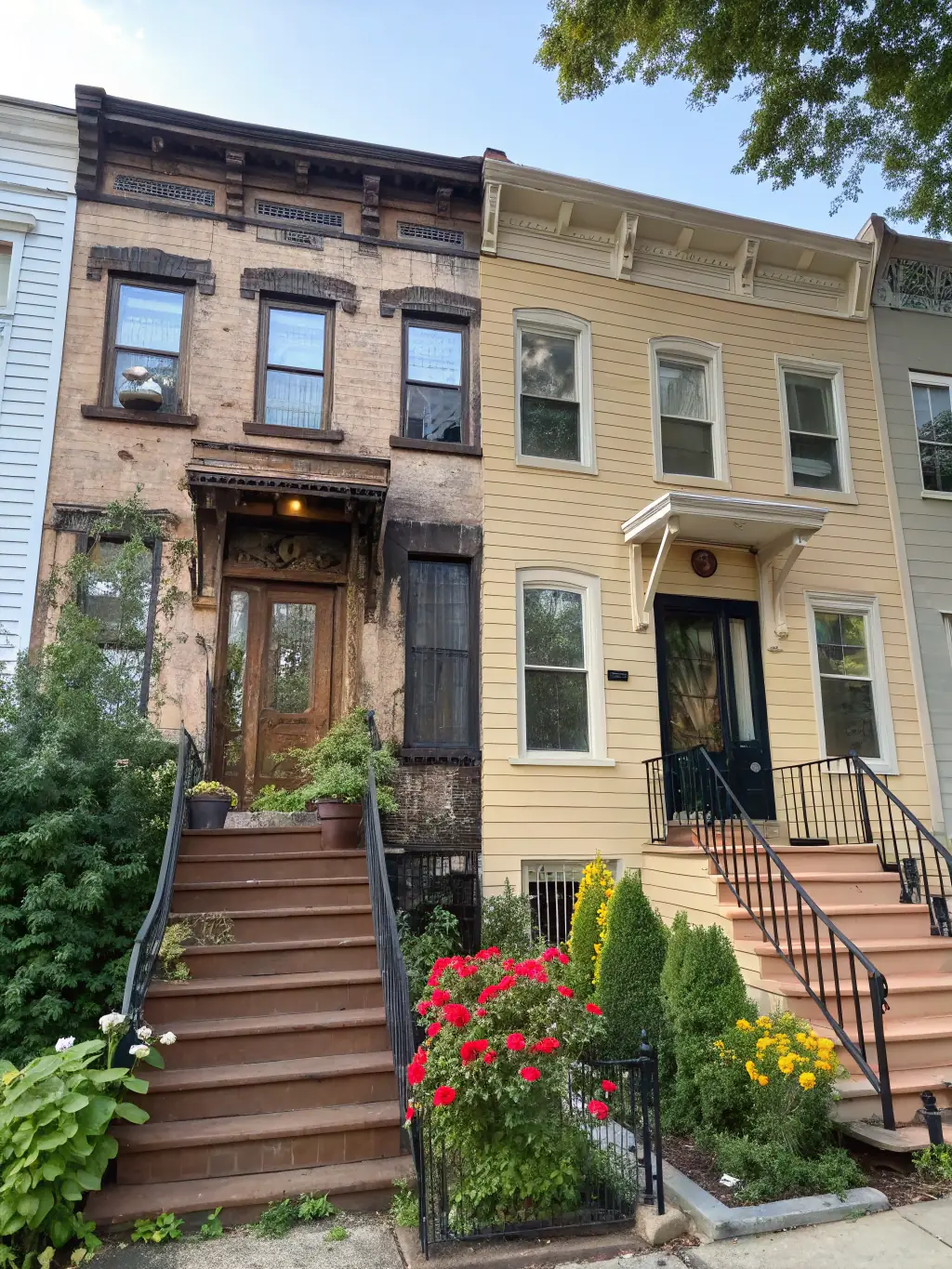 A before-and-after shot of a home exterior renovation in Philadelphia, demonstrating the transformative impact of Siding Pros' services.