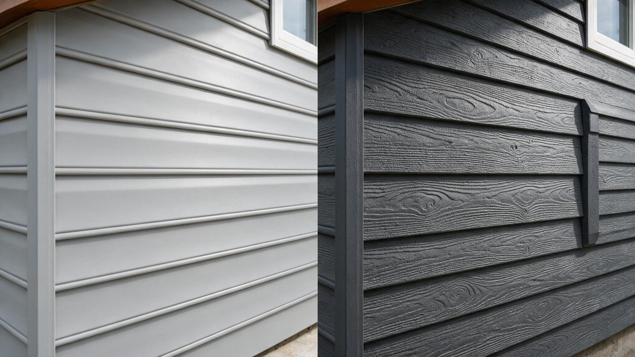 A close-up comparison of vinyl siding and textured fiber cement siding.