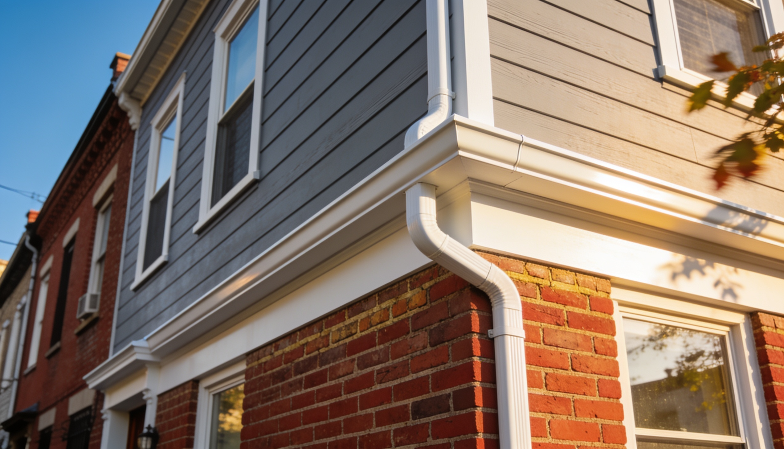 Exterior wall transition where siding meets brick masonry requiring inspection for water intrusion.