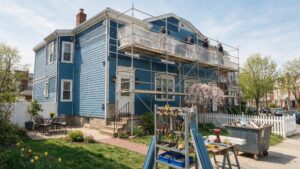 Exterior remodeling crew installing blue lap siding and white trim on a West Philadelphia twin home.
