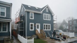 Exterior contractor installing dark grey fiber-cement lap siding on the rear facade of a Fishtown rowhome.