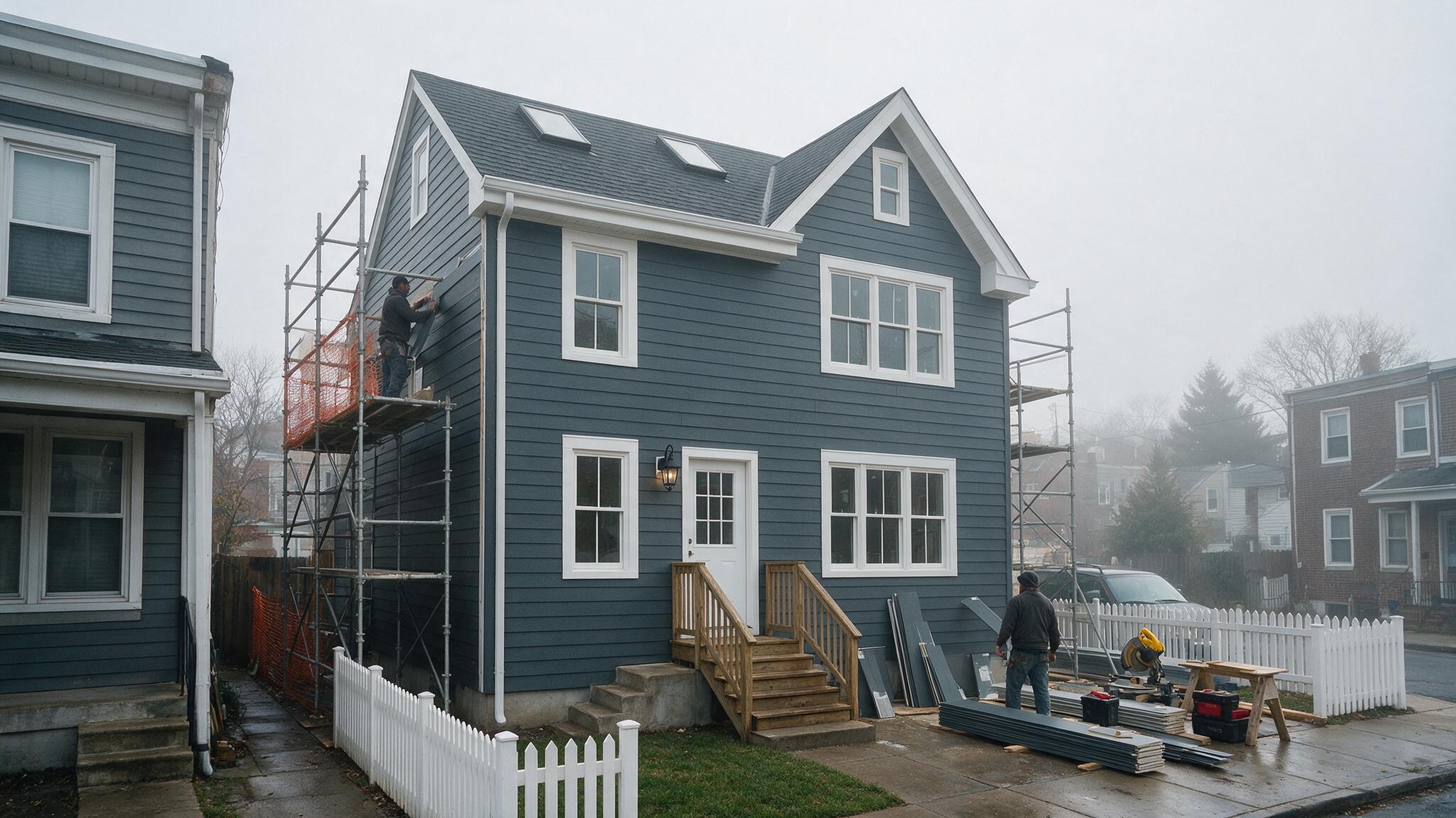 Exterior contractor installing dark grey fiber-cement lap siding on the rear facade of a Fishtown rowhome.