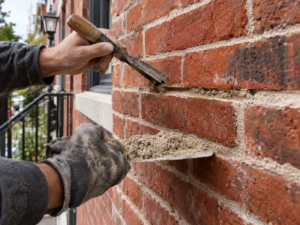 A mason carefully raking out degraded mortar from a historic red brick facade in Philadelphia using hand tools before applying breathable lime mortar.