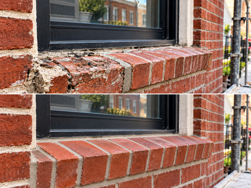 Brick pointing assessment on deteriorating mortar joints around a Philadelphia window frame.