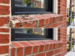 Brick pointing assessment on deteriorating mortar joints around a Philadelphia window frame.