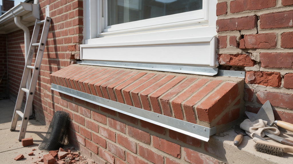 Brick pointing assessment on deteriorating mortar joints around a Philadelphia window frame.
