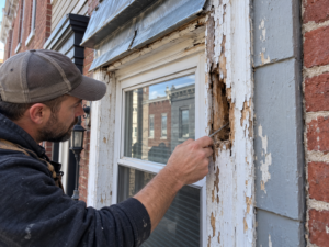 Rotted exterior window trim being inspected on a Philadelphia home