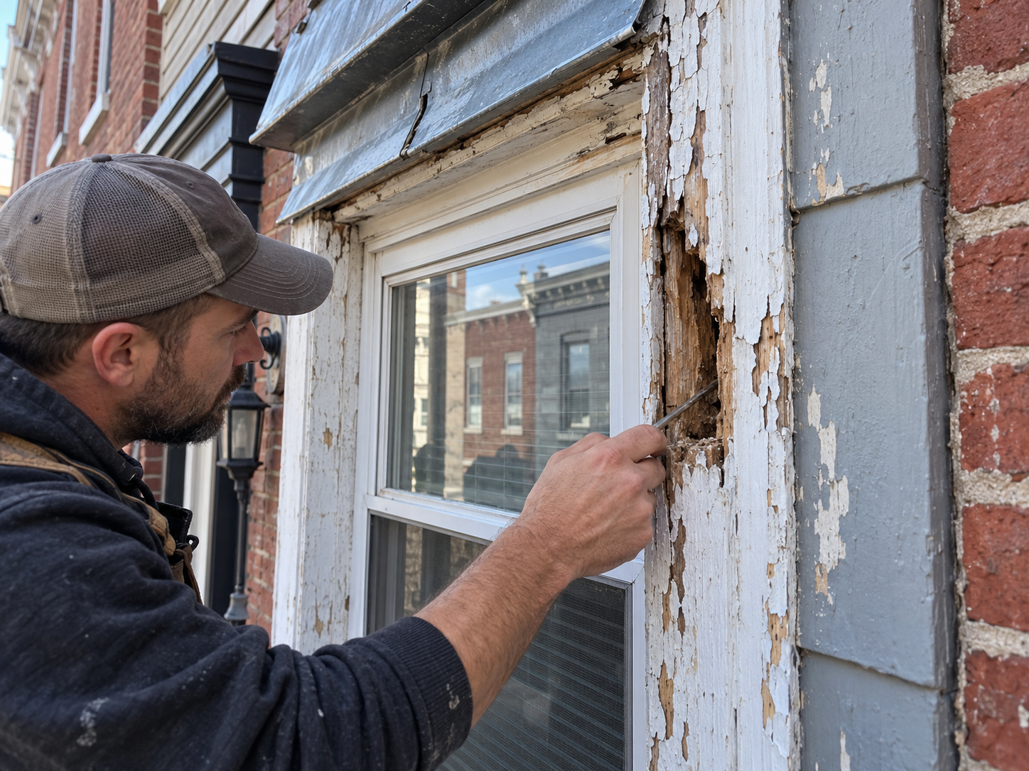 Rotted exterior window trim being inspected on a Philadelphia home