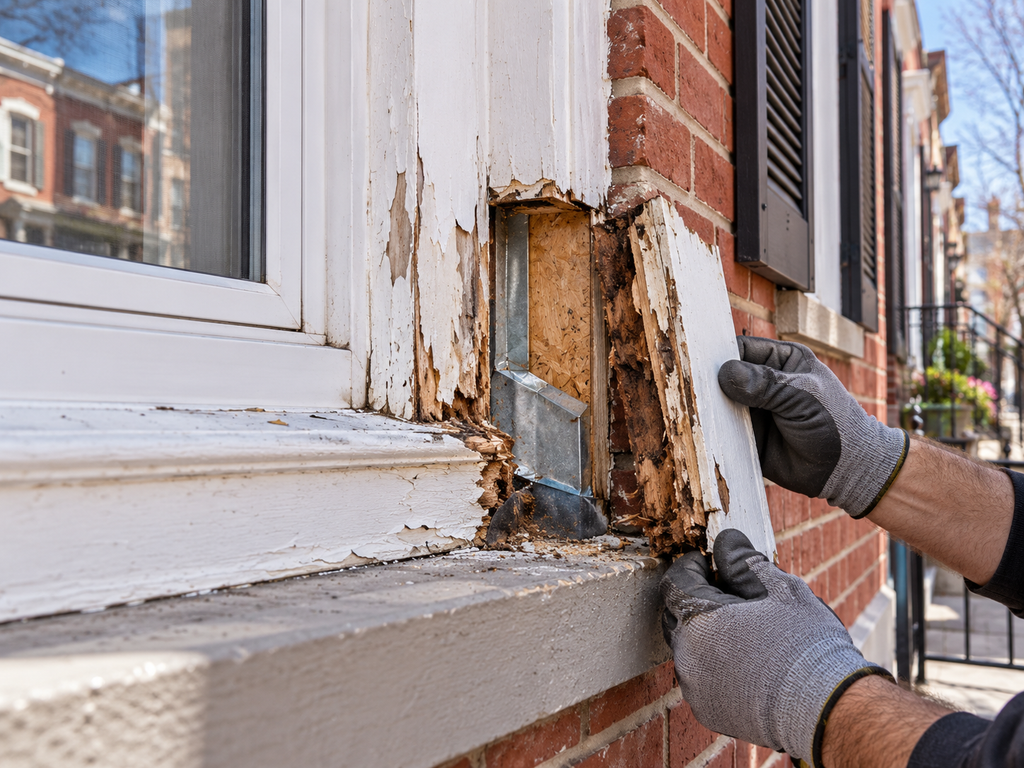 Rotted exterior wood trim around a window on a Philadelphia home