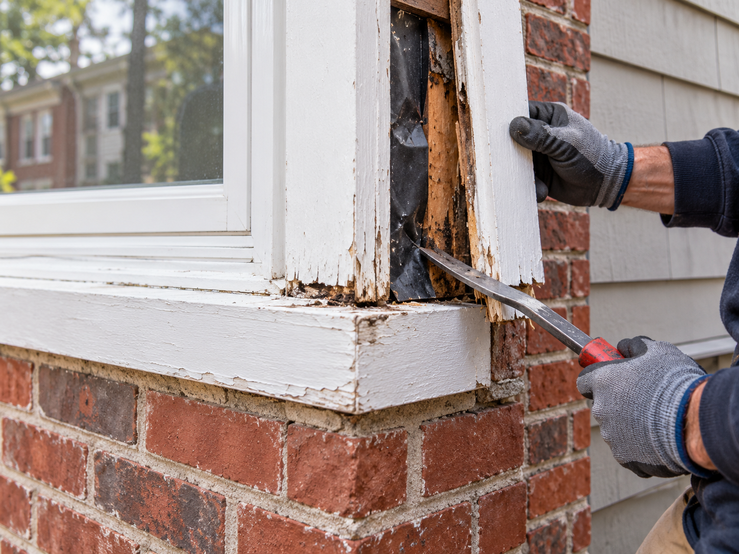 Rotted exterior wood trim around a window on a Philadelphia home