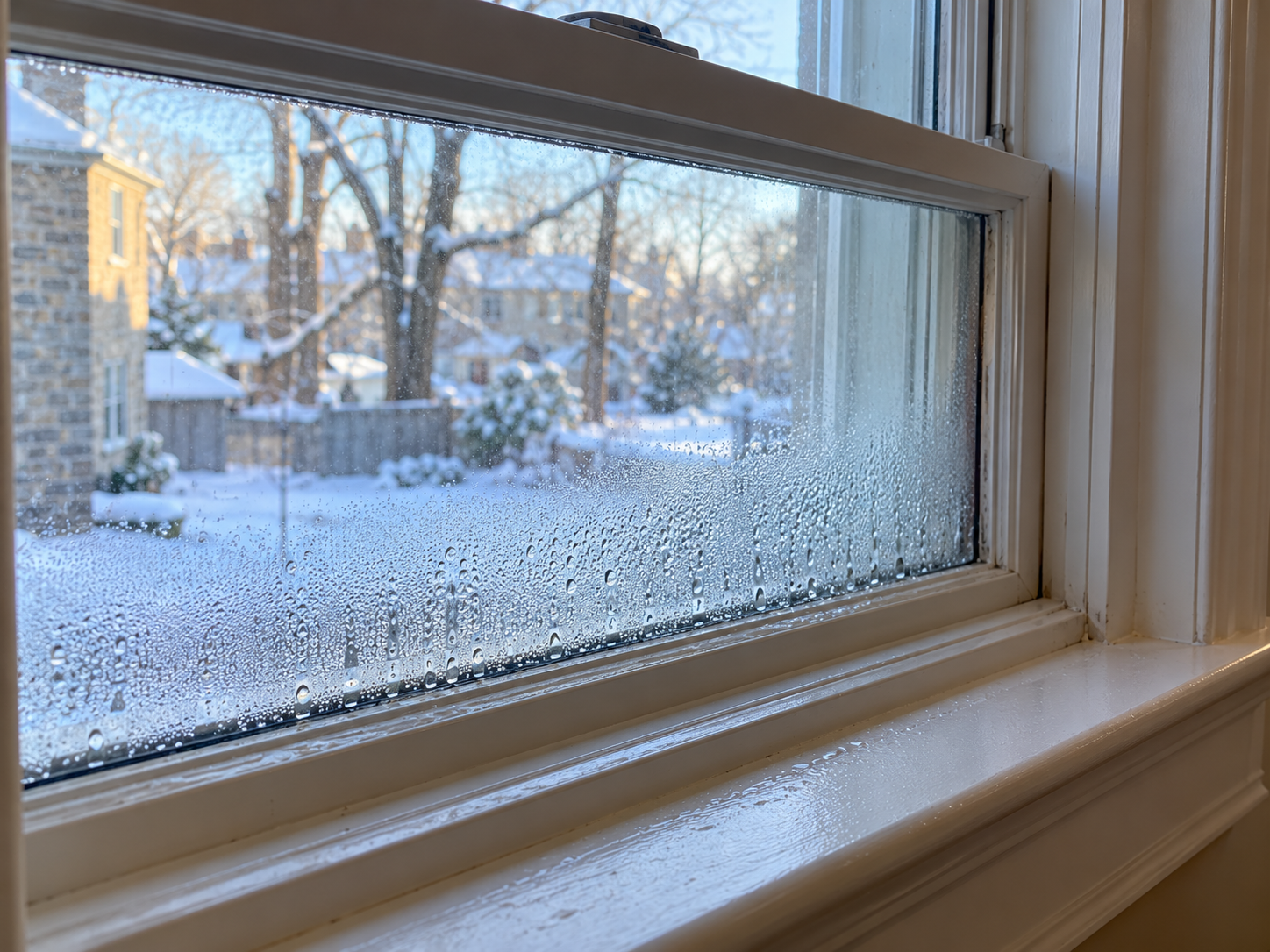 Condensation droplets on the lower glass of a double-hung window with a snowy yard outside