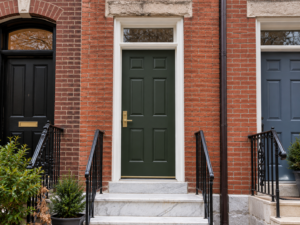 Newly installed painted six-panel wood front door with transom in the brick facade of a Philadelphia rowhome with marble steps