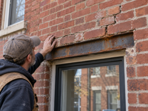 Rusted steel lintel causing cracks above a brick window opening in Philadelphia