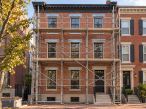 A historic three-story Philadelphia brick rowhome undergoing facade restoration, showing scaffolding, newly replaced steel window lintels, and repointed masonry.