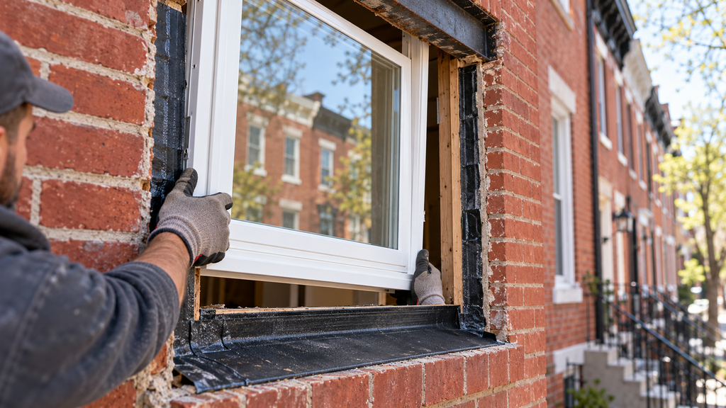 Window opening with sill pan and flashing tape during a window replacement
