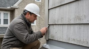 A professional building inspector wearing a white hard hat and a gray work jacket crouches outside a Philadelphia home to assess a gap or separation in the fiber-cement siding. He uses a small measuring tool to closely examine the space between a weathered, textured siding board and a vertical corner trim piece, just above the metal flashing at the base. In the background, the stone facade and windows of a traditional house are visible, all bathed in soft, natural light.